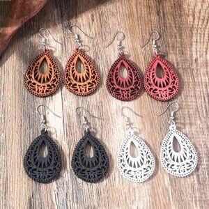 Earrings Wood Hollow Cut Out Bohemian 4 pr Dangle Boho Trendy Stylish Casual Fun